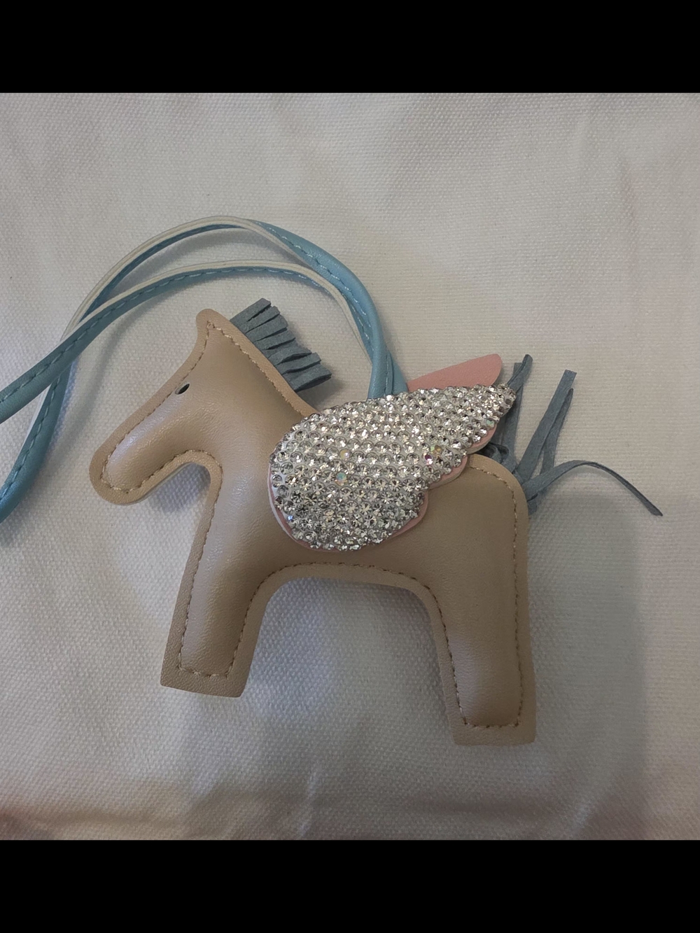 Beige Leather Pony Bag Charm with Blue Strap and Rhinestone Wing - Picture 2 of 2